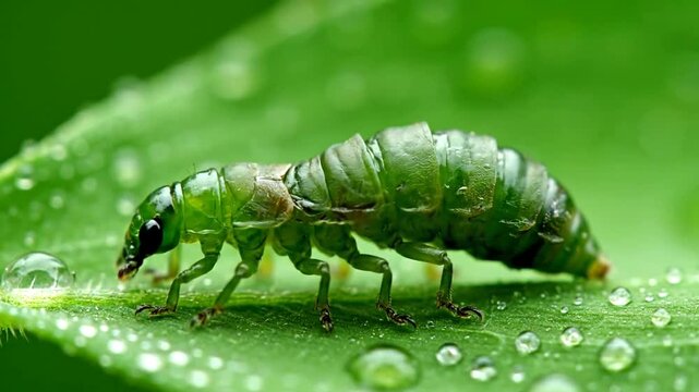 Macro View of a Green Insect Nymph on a Leaf with Dew Drops.
