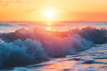 Golden sunset waves crashing gently on the shore, painting the ocean in warm hues and soft light.