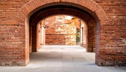 Fototapeta premium Brick Archway Interior View Revealing Historic Architecture and Textural Detail in Warm Light