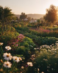 Obraz premium Peaceful Golden Hour Garden Scene with Blooming Daisies and Cultivated Rows.