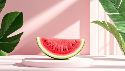A vibrant watermelon slice sits atop a small, pink pedestal, surrounded by lush green tropical leaves and bathed in soft, natural sunlight against a pastel pink background, evoking a sense of...