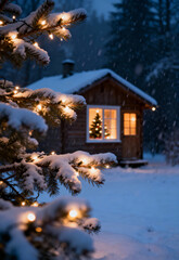 Snow-covered cabin with Christmas lights and falling snow.