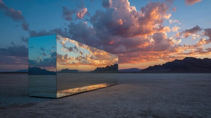 Mirrored Cube Reflecting Dramatic Sunset Sky Over Vast Desert Landscape.