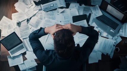Overwhelmed businessman is holding his head in his hands while sitting at a desk full of paperwork and laptops, indicating stress and deadline pressure in a corporate office environment - Powered by Adobe