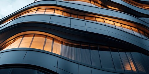 Fototapeta premium A modern skyscraper with a wave-like design, featuring warm interior lights reflected