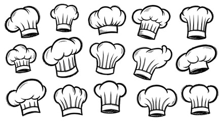 Chef hats variations sketches illustration, cooking concept with many chef hats shapes