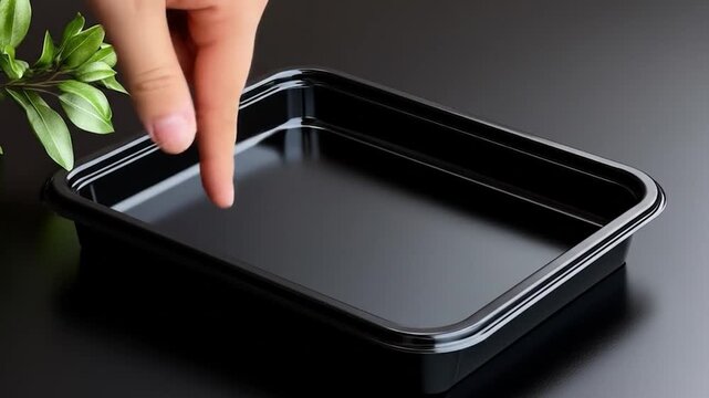 Black plastic container for food storage and packaging minimalist style