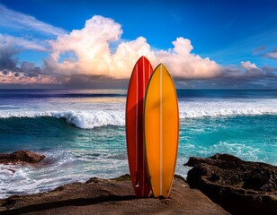surfboards embracing the energy of ocean waves under a vibrant cloudy sky for hawaii statehood day