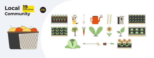 Local garden and farming cartoon flat illustrations mega bundle. Vegetables harvest, tools, plants, leafy greens, organic crops 2D images isolated on white. Collection vector drawings colorful © IMG visuals characte