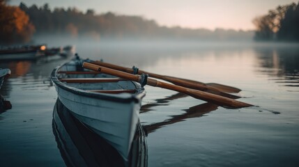 Tranquil Dawn - Classic Wooden Rowboat with Oars on a Misty Lake, Reflecting Soft Light.