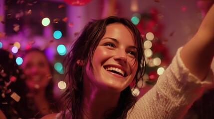 A woman with dark hair stands amidst confetti, with confetti fluttering through colourful lights. Other women enjoy the vibrant party as confetti fills the lively atmosphere.
