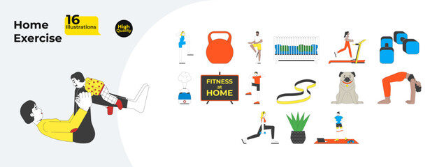Home exercise and fitness cartoon flat illustrations mega bundle. Diverse people stretching with yoga, dumbbells, treadmill, workout 2D images isolated on white. Collection vector drawings colorful
