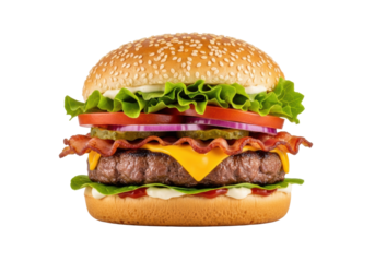 A perfectly stacked gourmet beef hamburger with toasted bun, juicy patty, melted cheddar, bacon, fresh vegetables and sauces, transparent background, copy space, soft lighting, deliciousness concept.