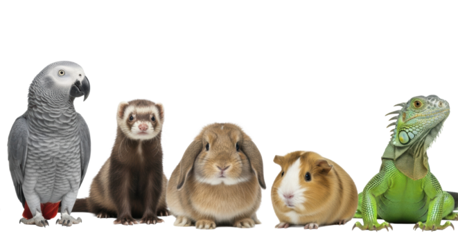 African Grey parrot, ferret, rabbit, guinea pig, and green iguana posed side-by-side on a transparent studio background with copy space, professional animal portraiture of diverse pets