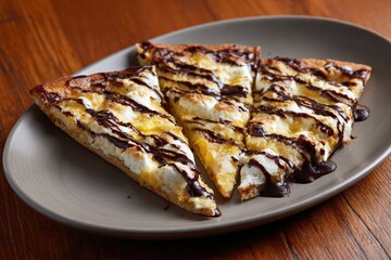 Dessert pizza slices with marshmallow, chocolate drizzle on a plate