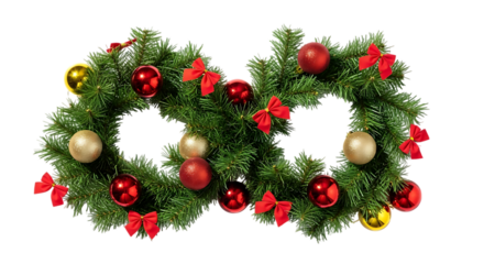 Double christmas wreath with red bows and ornaments isolated on transparent background, symbolizing abundance and festive spirit, creating a unique and eyecatching decoration for holiday celebrations 