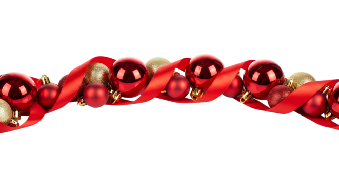 Elegant christmas ribbon isolated on transparent background, gracefully intertwined with shimmering gold and vibrant red ornaments, creating a sophisticated and festive holiday accent for seasonal dec
