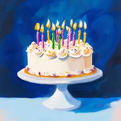 A celebratory birthday cake adorned with colorful candles, joyfully perched on a white cake stand against a vibrant blue backdrop.
