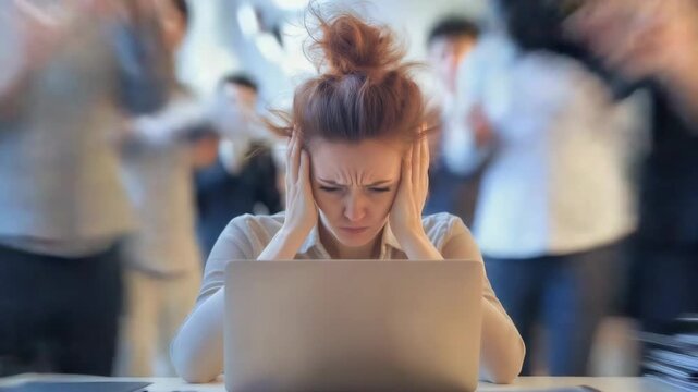 Young businesswoman covering her ears with her hands, grimacing in front of her laptop, trying to concentrate in a chaotic and noisy office environment with blurred colleagues moving around