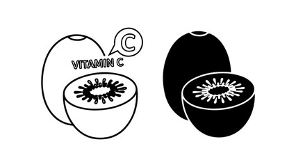 Stylized Kiwi Fruit Line Art and Silhouette Vector Icons with Vitamin C