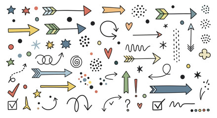 Whimsical hand-drawn arrow and doodle collection adds playfulness and directionality for diverse