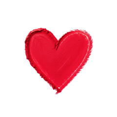 Vibrant red hand-drawn heart of textured cosmetic product, smudged edges, isolated on transparent background with copy space, studio light. Concept of love and beauty