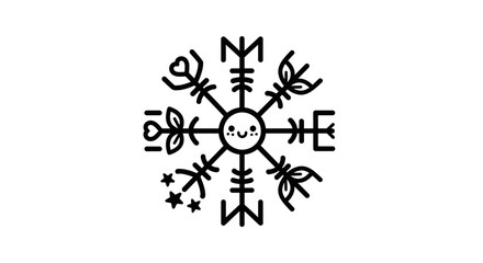 Whimsical Scandinavian Rune with Smiling Face, Cute Geometric Shapes and Floral Elements
