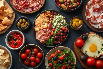 A vibrant Mediterranean feast showcasing an array of delicious tapas, including olives, cured meats, cheeses, and fresh salads, bathed in warm, inviting light.