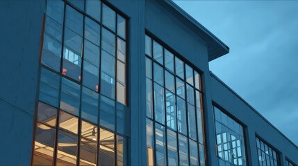 Modern Building Facade with Large Windows Reflecting Interior Light at Dusk.