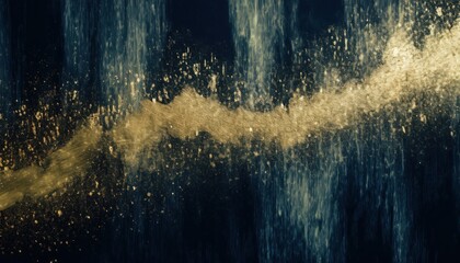 gold splatter abstract dripping over deep navy backdrop with fluid metallic streaks and moody texture for luxury wallpaper or elegant banner background with rich atmospheric shimmer