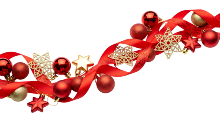 Elegant christmas decoration with red and gold baubles, stars, and a red ribbon, isolated on transparent background perfect for adding a festive touch to your holiday designs and projects