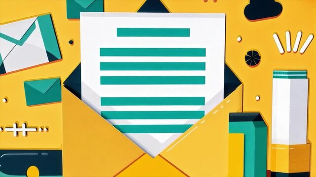 A postcard with a letter flies out of a bright envelope against a background of postal attributes and notifications. Ideal for articles about communication, email, marketing campaigns, and business co