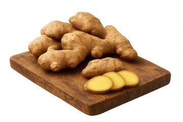 Fresh ginger root and sliced rhizome on a cutting board, preparing healthy spice and ingredient