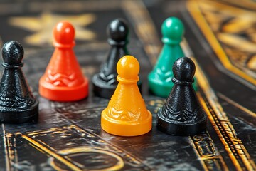 Colorful game pieces poised on a richly detailed game board, ready for a strategic challenge. Dark, textured surface enhances the vibrant hues.