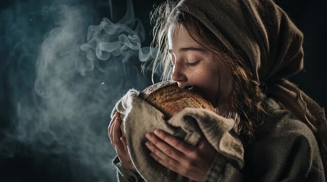 Smiling girl eating steaming bread in rustic atmosphere
