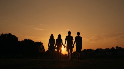 Fototapeta premium A silhouetted family of a woman, man, girl, and boy stand holding hands at sunset. The woman, man, girl, and boy form a peaceful silhouette against the sunset sky.