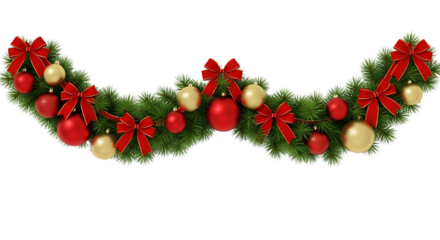 Christmas garland isolated on transparent background festive decoration with red bows and ornaments, perfect for adding a touch of holiday cheer to any project the vibrant colors and intricate details