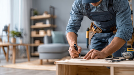Skilled carpenter measuring wooden plank with precision, working inside modern apartment during custom furniture building process