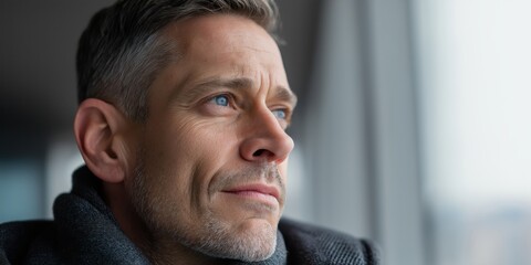 Fototapeta premium Man gazes thoughtfully out a window, deep in reflection during a quiet moment in a modern urban setting.