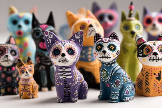 Multiple colorful cat figurines adorned with detailed traditional sugar skull patterns are displayed prominently on a clean, bright surface.