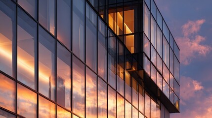 Modern Glass Skyscraper Reflecting Dramatic Sunset Sky with Fiery Hues.