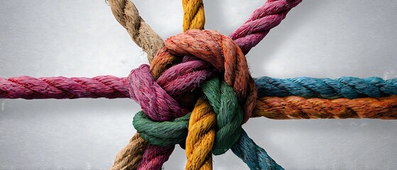 Collective Effort Integration and Unity with teamwork concept as a business metaphor for joining a partnership synergy and cohesion as diverse ropes connected together in interdependence.