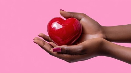 Symbol of love: hands holding red heart against pastel pink backdrop