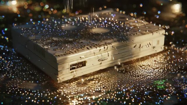 Nostalgic Destruction: Drilling into a Vintage Computer with Glittering Fluid Reflections
