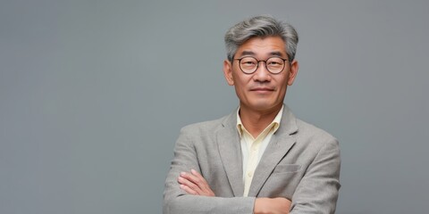 Businessman professional stands confidently with arms crossed in a formal gray suit against a plain background.