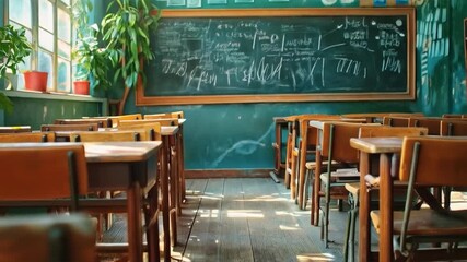 An empty classroom with wooden desks and a blackboard, an atmosphere of anticipation for the lesson Useful for articles about education, advertising educational institutions, illustrations on the them