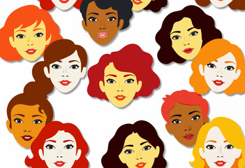 Illustration Showcasing Diversity and Expression Through Stylized Portraits of Women with Various Hairstyles and Skin Tones on a Light Background