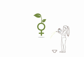 Minimalist Illustration of a Woman Watering a Plant Symbolizing Gender and Growth with Eco-Friendly and Empowerment Themes