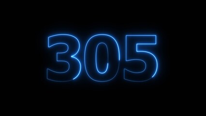 Abstract beautiful blue neon 305 number illustration background. Glowing neon countdown number icon background 4k.