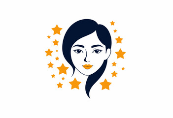 Artistic Illustration of a Woman's Portrait Surrounded by Stylized Orange Stars Bringing Focus to Her Flawless Features and Serene Expression